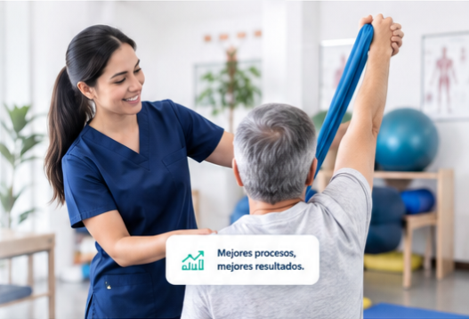 Fisioterapeuta asistiendo a un paciente con banda elástica en una sesión de rehabilitación